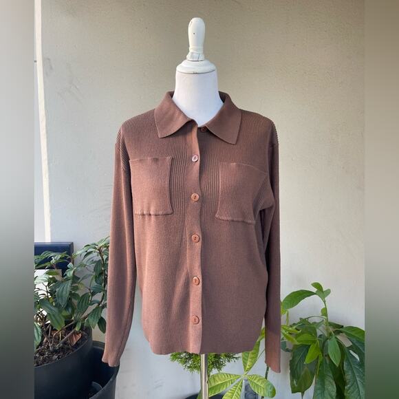 Nasty gal Ribbed Knit Over Shirt with Patch Pockets in Brown, US 8 - Picture 1 of 8